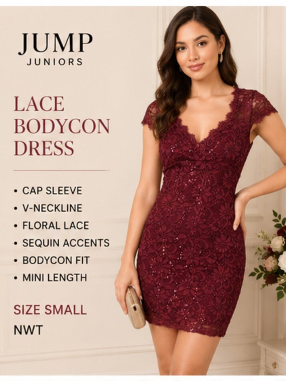 Jump Burgundy Lace Sequin Bodycon Cap Sleeve Dress Size Small NWT
